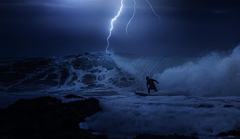 night ocean surfing guy the storm lightning HD wallpaper