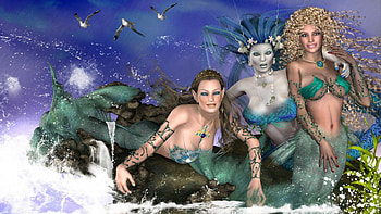 Three Mermaids, sea, birds, fantasy, water, rocks, mermaids HD wallpaper