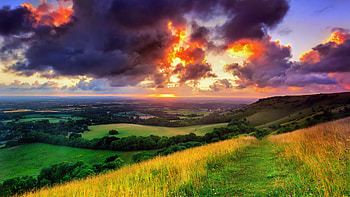 Sunrise at West Sussex, England, sky, sun, meadows, landscape, clouds, trees HD wallpaper