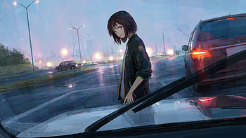 Anime Girl Passing By Looking At Car Driver, anime-girl, anime, artist, artwork, digital-art HD wallpaper