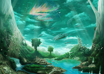 Fantasy World, river, ships, birds, rainbow, green sky, trees, waterfalls HD wallpaper