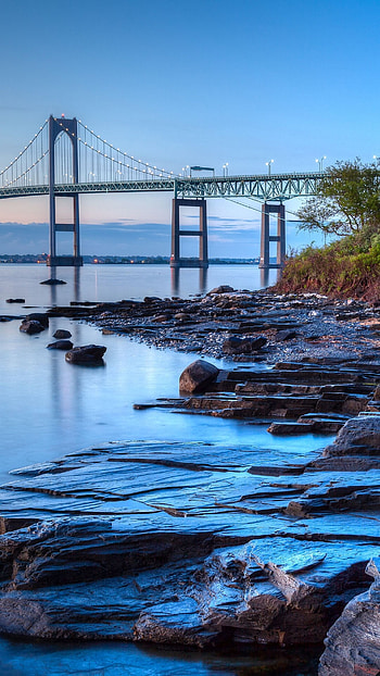 Claiborne Pell Newport Bridge, Rocky seascape, Sunrise in Jamestown, Breathtaking view HD phone wallpaper