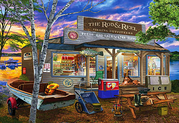 Rod and Reel, artwork, boat, dog, bench, painting, store, lake HD wallpaper