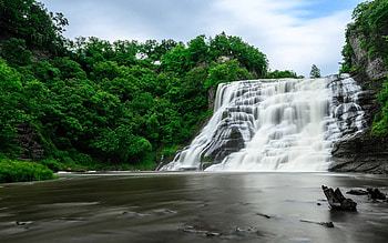 Ithaca Falls, Ithaca, NY, river, clouds, trees, sky, usa HD wallpaper