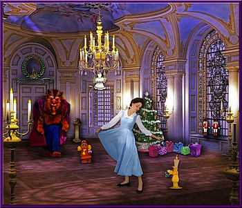 beauty and the beast, blue, room, dance, girl, beauty, nice, fantasy, beast, female HD wallpaper