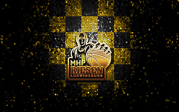 Riesen Ludwigsburg, glitter logo, BBL, yellow black checkered background, basketball, german basketball club, Riesen Ludwigsburg logo, mosaic art, Basketball Bundesliga HD wallpaper
