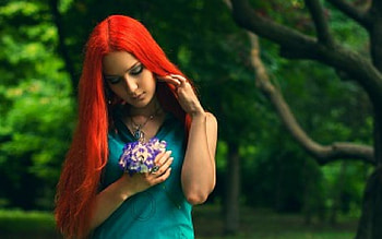 Woman, pose, model, flowers, redhead HD wallpaper