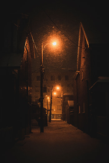 Winter, Lights, Dark, Lanterns, Night City, Street, Snowstorm HD phone wallpaper