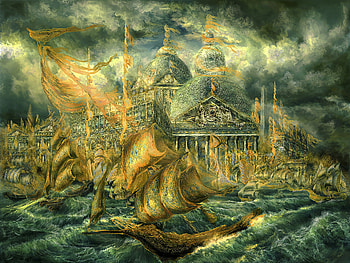 Sailing Towards the City of Adriene, boat, water, surrealism, palace, sailboat, artistic, painting HD wallpaper