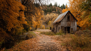 Rustic Autumn Cabin — Fall, barn, Autumn, forest, path HD wallpaper
