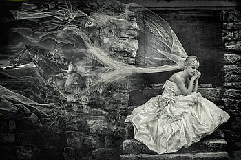 Waiting, veil, mystic, white dress, woman HD wallpaper