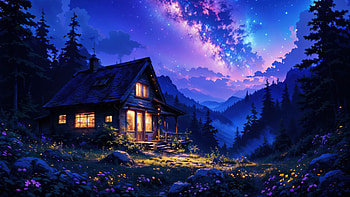 Starry Skies And Cozy Nights, house, nature, mountains, stars, sky, trees, artist, artwork, art, digital-art, ai, deviantart HD wallpaper