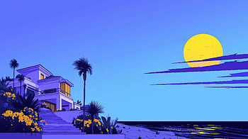 Mediterranean Villa Overlooking Ocean At Golden Hour, ocean, sun, sky, tree, sea, house, golden, artist, artwork, art, digital-art, ai HD wallpaper