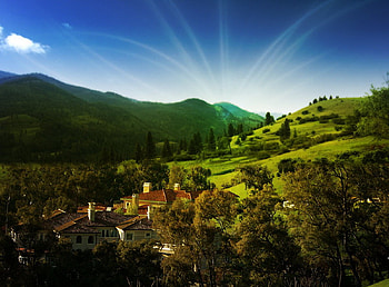 Arlequin village, trees, grass, mountains, houses HD wallpaper