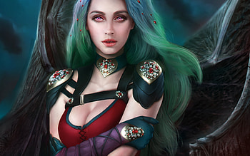 Evelyn, wings, eyes, bat, vampire, amethyst eyes, pink, fantasy, green, red, luminos, lol HD wallpaper