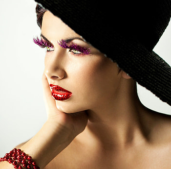 Shyn, red lips, model, woman, black hat, female HD wallpaper