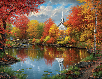 Autumn tranquility, art, abraham hunter, church, orange, lake, painting, red, pictura, autumn, water, toamna HD wallpaper