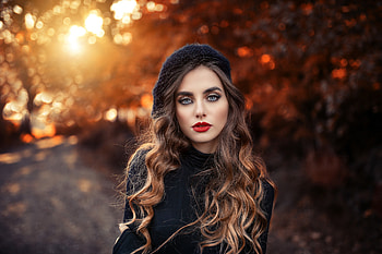 Outdoor, red lips, curly hair, brunette, woman HD wallpaper
