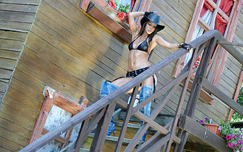 Cowgirl in Black ~ Melisa Mindiny, bikini, cowgirl, chaps, brunette HD wallpaper