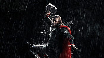 Chris Hemsworth, Thor's hammer, Marvel, Rainy scene HD wallpaper