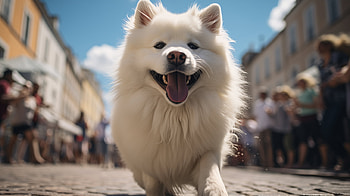 Smiling Samoyed - City Stroll Background, Animal, samoyed, dog HD wallpaper