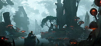 Mushroom Forest Fantasy Art, fantasy, artist, artwork, mushroom, digital-art, deviantart, boat HD wallpaper