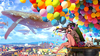 Colorful City Anime Girl Blowing Bubbles, anime-girl, anime, artist, artwork, digital-art, colorful HD wallpaper