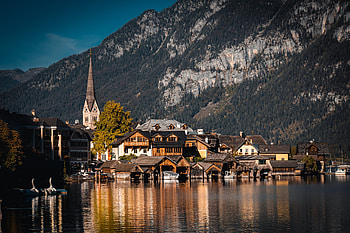 Hallstatt Lakeside Church — Austria, Austria, church, Hallstatt, town, lake HD wallpaper