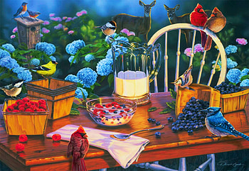 Country Breakfast Club, table, chair, flowers, birds, painting HD wallpaper
