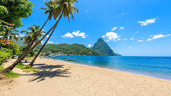 Saint Lucia, Caribbean Sea, palms, boat, hills, sand, clouds, landscape, sky HD wallpaper