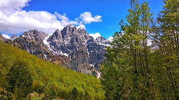 Albanian Alps - Valbona-Theth Trail, trees, clouds, landscape, sky, peaks HD wallpaper