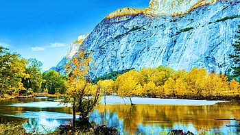 Yosemite at fall colors, merced river, autumn, trees, landscape, water, usa, mountain, reflections HD wallpaper
