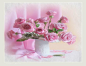 Pinks, pink, crystals, green leaves, roses, pink drape, white vase HD wallpaper