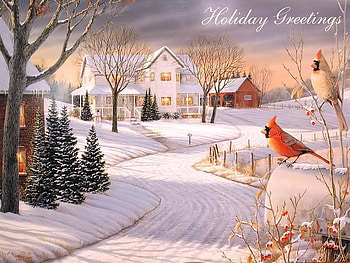 Holiday Greetings, trees, houses, snow, cardinals HD wallpaper
