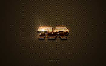TVR golden logo, artwork, brown metal background, TVR emblem, TVR logo, brands, TVR HD wallpaper