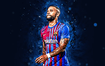 Memphis Depay Barcelona, LaLiga, 2021, dutch footballers, FC Barcelona, Barca, football, Memphis Depay , blue neon lights, soccer, FCB, Barcelona FC, Memphis Depay, La Liga HD wallpaper