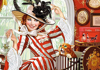 Lady in Hat, artwork, room, painting, window, dress, vintage HD wallpaper