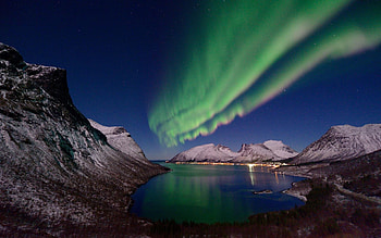 northern lights, winter, lakes, mountains, northern HD wallpaper