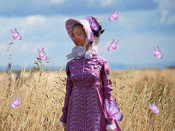 Feminine Prarie Girl, blue, white, prarie, soft, girl, long grass, purple, butterflies, pink, pretty, tan, sky, lovely, vintage HD wallpaper