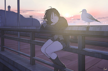 Gull, anime girl, outdoor HD wallpaper