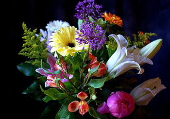Flowers, Lilies, Gerberas, Greens, Bouquet, Composition HD wallpaper
