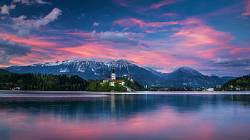 Lake Bled, Slovenia, island, clouds, colors, mountains, church, water, sunset, reflections, landscape HD wallpaper