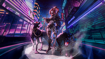 Cybercity Dominatrix Unleashing The Beasts, artist, artwork, cyberpunk, dogs, gun, digital-art, artstation HD wallpaper