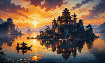 Sunset Reflections: Fantasy Castle and Boat AI Art, reflection, sunset, boat, fantasy, castle, AI Art HD wallpaper