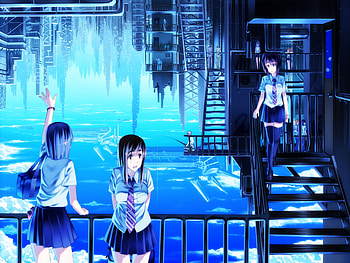 The live in the sky, blue, white, metalic, uniform, school uniform, people, chlouds, houses, girls, sky, water HD wallpaper