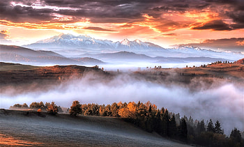 fog in the mountains, autumn, sky, fog, mountains HD wallpaper