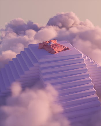 A dreamlike scene with a bed atop stairs surrounded by pink clouds, evokes serenity. HD phone wallpaper