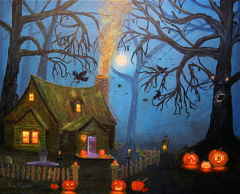 Halloween Night, artwork, pumpkins, painting, lights, trees, cottage HD wallpaper