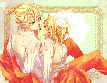 Len & Rin, sexy, blue eyes, ribbon, brothers, cute, girl, anime, boy, love, short hair, kagamine rin, blonde hair, kagamine len HD wallpaper