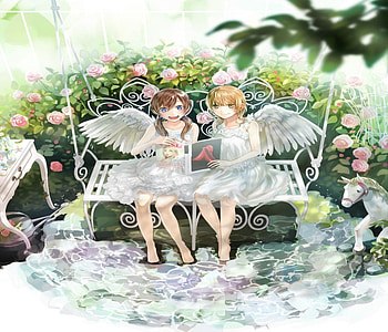 Angels in the Garden, horse, feathers, tea, dresses, cute, ladies, beauty, female, wings, table, sweet, white, roses, art, garden, beautiful, tree, angels, pink, anime, pretty, green, girls, flowers, women, lovely HD wallpaper